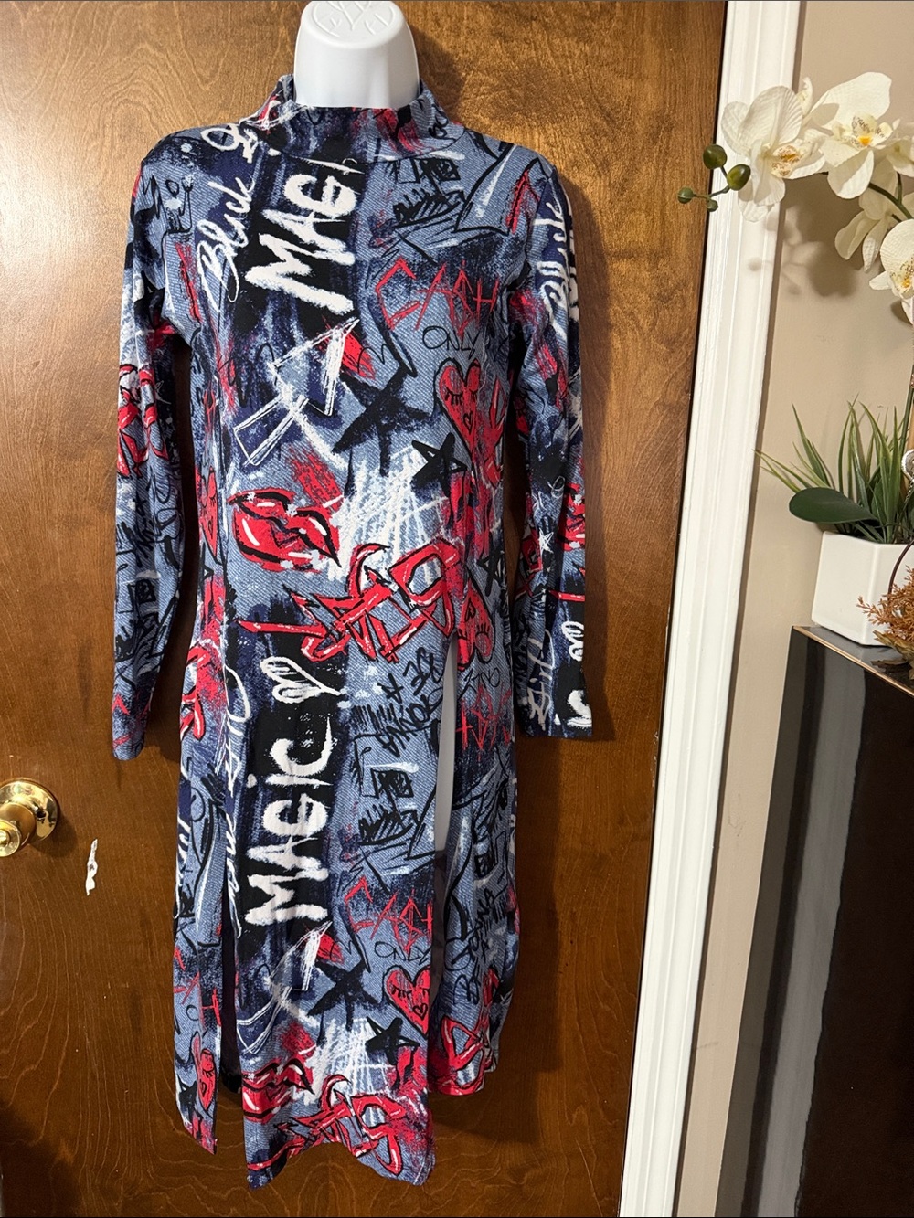 Love Long Sleeve Graphic Midi Dress - Blue, Red & White